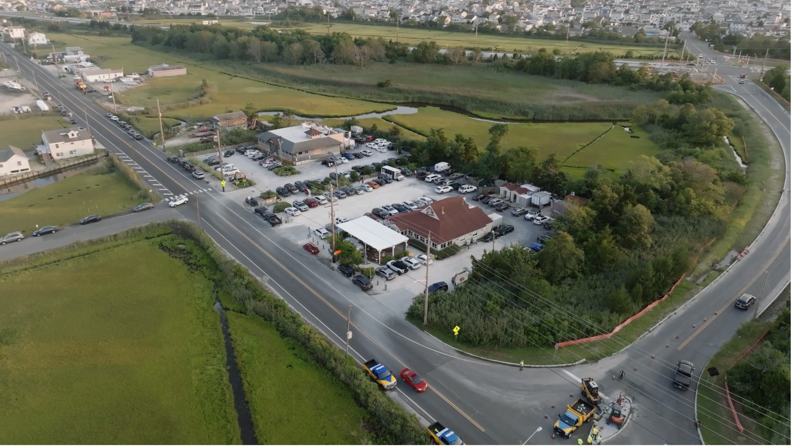 Aerial view of Mud City Crab House on the marsh